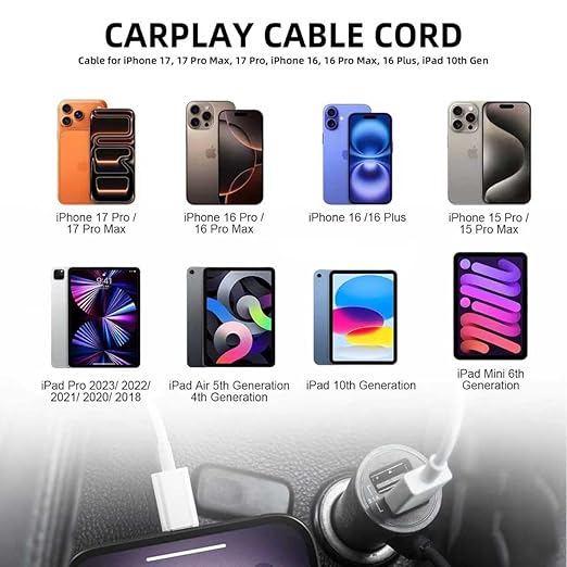 AHDFWI Carplay Cable Cord Compatible with iPhone 16 17 USB A to USB C Cable for 17E 16E 17 Air/17 16 15 Pro Max ，Plus, Pro 12.9/11, 10th Gen, Air 5th/ 4th,Mini 6th Charger Car Charging Cable White
