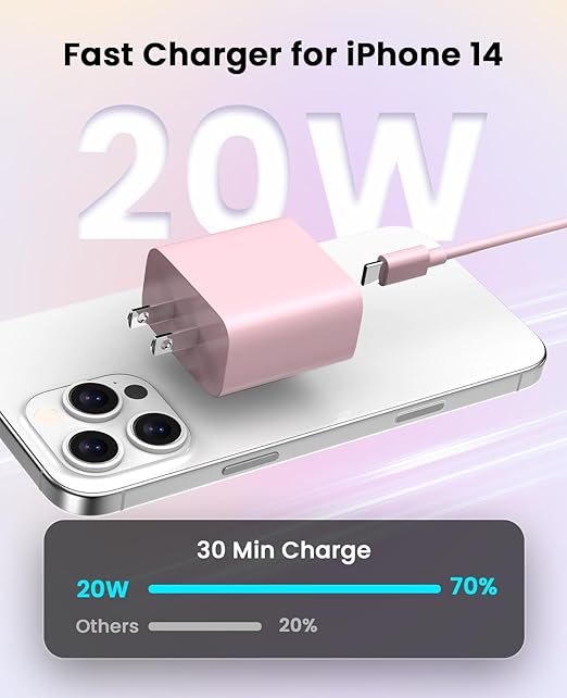 FEEL2NICE iPhone Charger Fast Charging 2 Pack Type C Wall Charger Block with 2 Pack [6FT&10FT] Long USB C to Lightning Cable for iPhone 14/13/12/12 Pro Max/11/Xs Max/XR/X,AirPods Pro,Pink