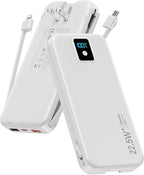 Portable Charger, 12000mAh 22.5W Fast Charging Power Bank with Built-in Cables & Wall Plug, Travel Essentials Battery Pack with LED Display, USB C External Battery Bank for iPhone iPad, Samsung White