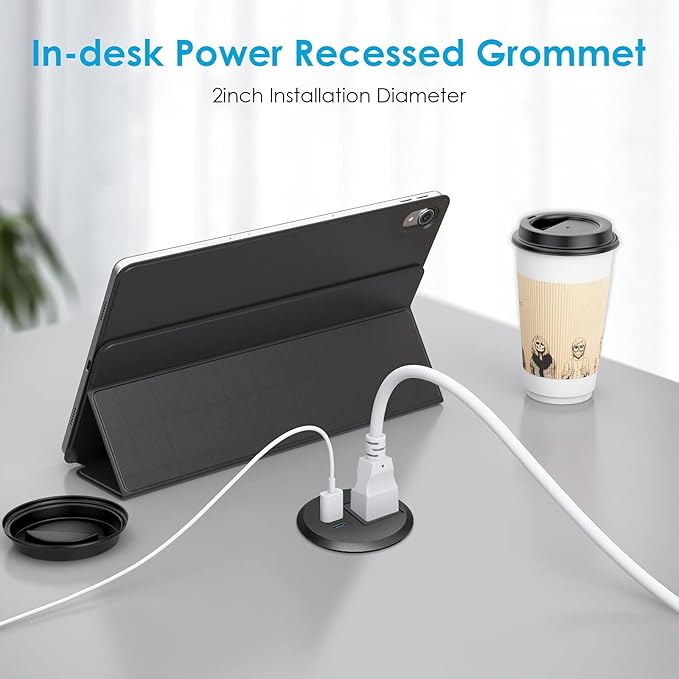 Desktop Power Grommet, 2 inch, USB C PD 20W Fast Charging Station, Desk Hole Outlet,ETL Listed (2, 6 FT Cable)