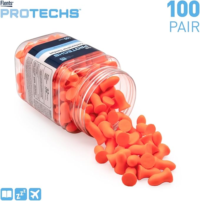 Flents Protechs Foam Ear Plugs, Contoured for Comfort, Ideal for Work with Loud Noise, Heavy Machinery, Construction, Studying & Traveling, NRR 32, Orange, Easy to Use, 100 Pair