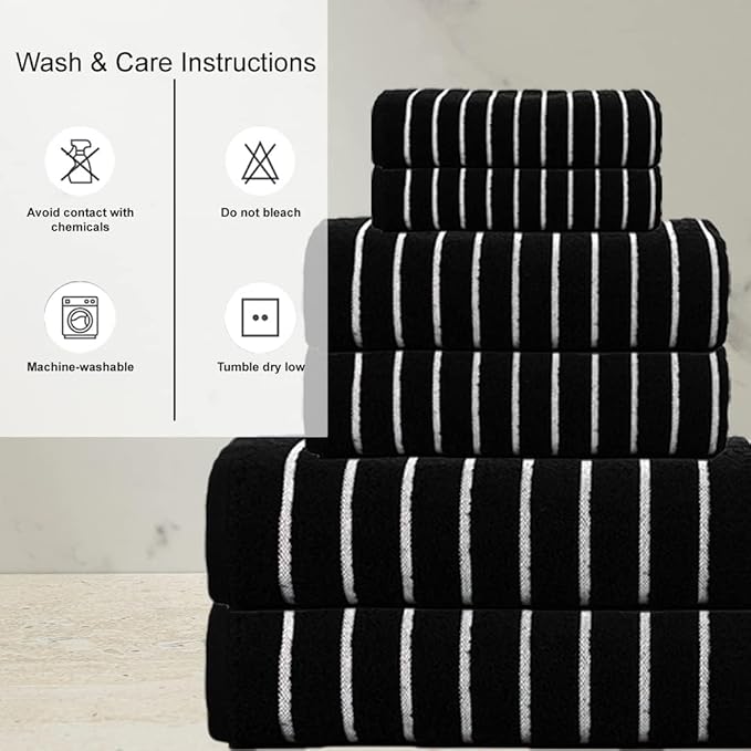 CASA COPENHAGEN Ecstatic 6Pcs 100% Egyptian Cotton Large Designer Towels Gift Set- Pitch Black, 600GSM, 2Bath 2Hand 2Washcloths, Bath Towels for Bathroom Set for Women & Men