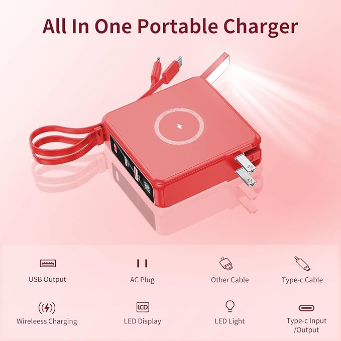 Wireless Charging Portable Charger with Built-in Cables & AC Wall Plug, 10000mAh Power Bank with LED light, PD 22.5W Fast Charging Travel Portable Charger for iPhone, Samsung, Android(No-Magnetic)