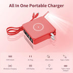Wireless Charging Portable Charger with Built-in Cables & AC Wall Plug, 10000mAh Power Bank with LED light, PD 22.5W Fast Charging Travel Portable Charger for iPhone, Samsung, Android(No-Magnetic)