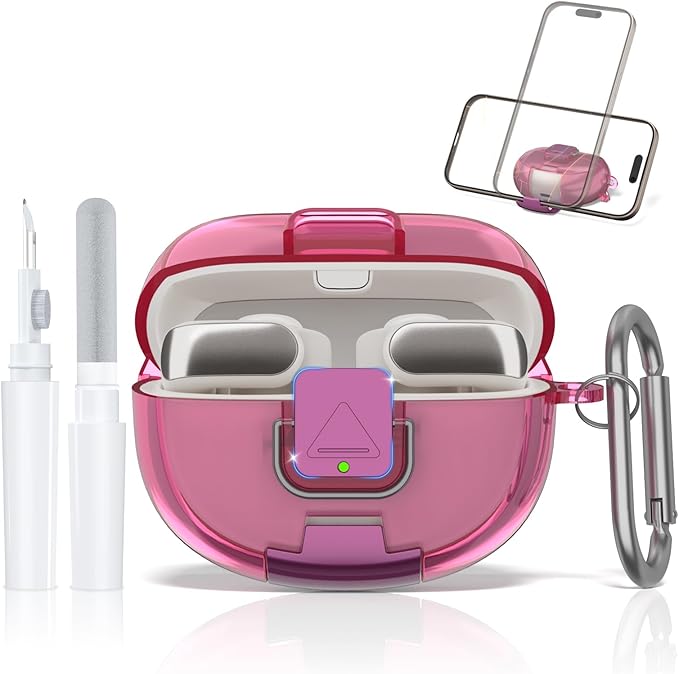 for Bose Ultra Open Earbuds Case with Secure Lock & Phone Stand, Soft TPU Shockproof Protective Clear Case for Bose Open Ear Earbuds Accessories with Cleaning Pen & Keychain (Deep Rose)