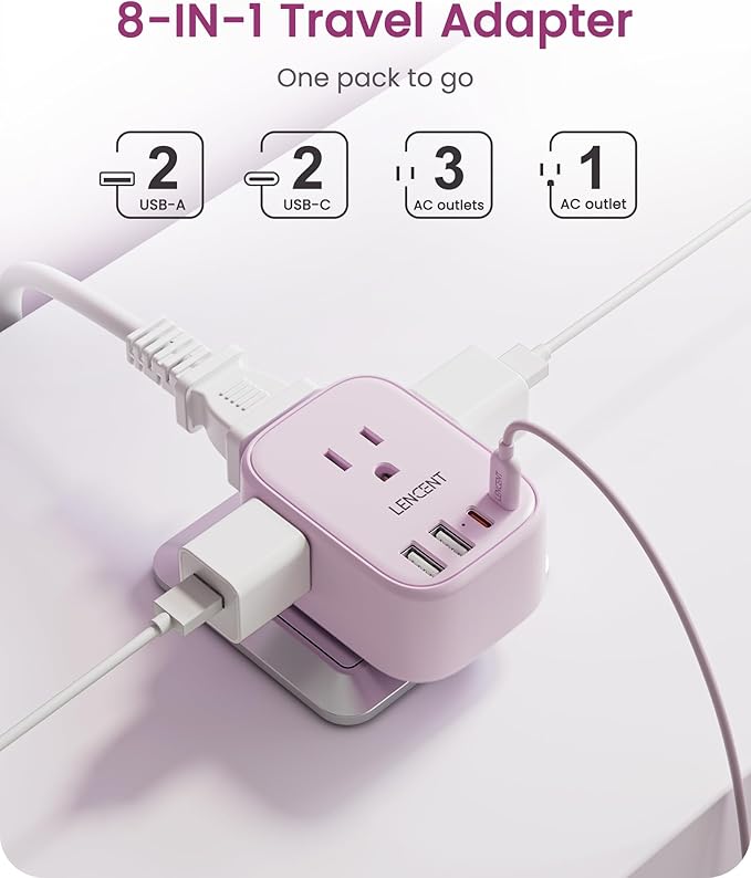European Travel Plug Adapter, LENCENT US to Europe Type-C Foldable Power Plug with 4 Outlets 4 USB Ports (2 USB C), Power Adaptor for USA to EU Euro Iceland Spain Italy France Germany Greece, Pink