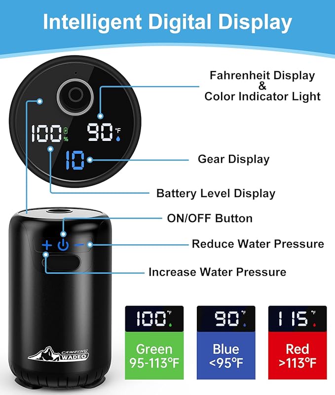 2026 Upgraded Portable Shower for Camping, 8000mAh Rechargeable Camping Shower with Fahrenheit Display, 10 Gear Switching, IPX8 Waterproof, Ideal for Outdoor Camping, Travel, Car Washing, Pet Bathing