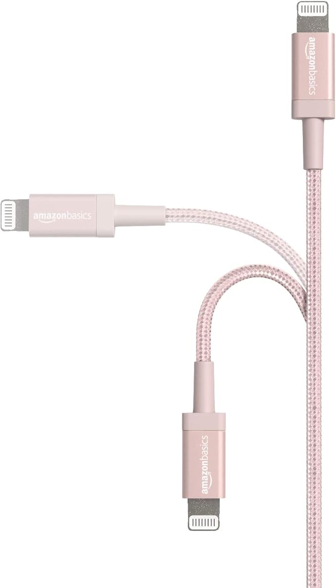 Amazon Basics USB-A to Lightning Cable, Apple MFi Certified, Nylon Braided Cord for iPhone 14 13 12 11 X Xs Pro, Pro Max, Plus, iPad, High Speed Transfer, 6 Foot, Rose Gold