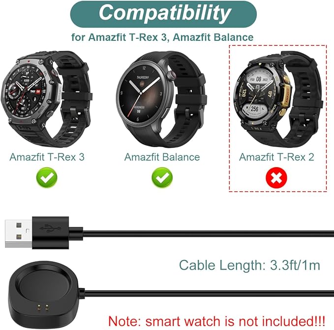 Charger for Amazfit Helio Strap/Active 3/Active Max/T-Rex 3 Pro/T-Rex Ultra 2/Balance 2, Replacement Charging Cable Cord for Amazfit Smart Watch & Fitness Tracker (3.3ft/1m)