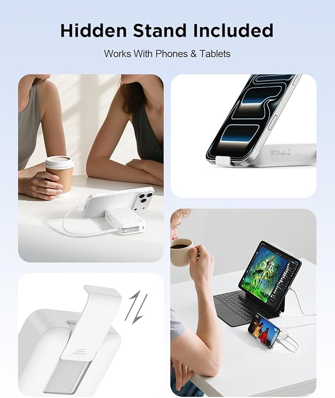 iWALK Portable Charger, 10000mAh 45W PD Power Bank, USB C in&Out Fast Charging Battery Pack with Phone Stand, Travel Essential Powerbank for iPhone 17 16 15 14 13 12 Samsung S25 MacBook etc,White