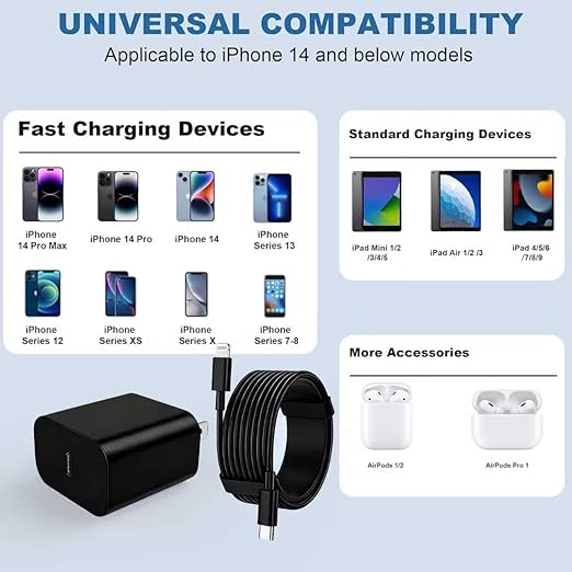 FEEL2NICE iPhone Charger Fast Charging 2 Pack Type C Wall Charger Block with 2 Pack [6FT&10FT] Long USB C to Lightning Cable for iPhone 14/13/12/12 Pro Max/11/Xs Max/XR/X,AirPods Pro,Black