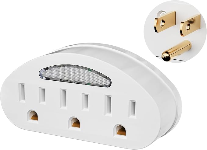 3-Outlet Extender, 3-Prong Grounded Wall Tap Adapter with LED Guide Light, 1875W ETL Listed Multiple Plug Electrical Outlets Splitter for Home, Office, Hotel, Travel, Cruise Essentials, White