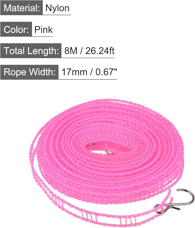 uxcell Portable Clothesline, 26.24ft Nylon Windproof Non-Slip Washing Line Rope for Courtyard Outdoor Travel Camping Laundry Drying, Pink