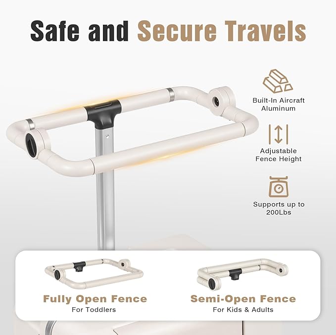 smilesun 20" Adjustable Fence Luggage with Seat, Carry On Suitcase for Kids & Adults, 200lbs Support, 360° Silent Wheels with TSA Lock, Tablet & Cup Holder(White)