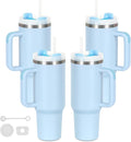 4 Pack 40 Oz Tumblers with Handle Bulk, Double Wall Vacuum Insulated Stainless Steel Tumblers with Lid and Straw, 40 oz Cups with Silicone Spill Proof Stopper Set (Sky Blue)