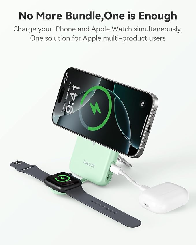 Magnetic Portable Charger for iPhone and Apple Watch, 10000mAh Wireless Power Bank PD 20W USB-C Fast Charging Battery Pack with Stand for iPhone 17/16/15/14/13/12 Pro Max、Air、iWatch 11-1/SE/Ultra 3-1