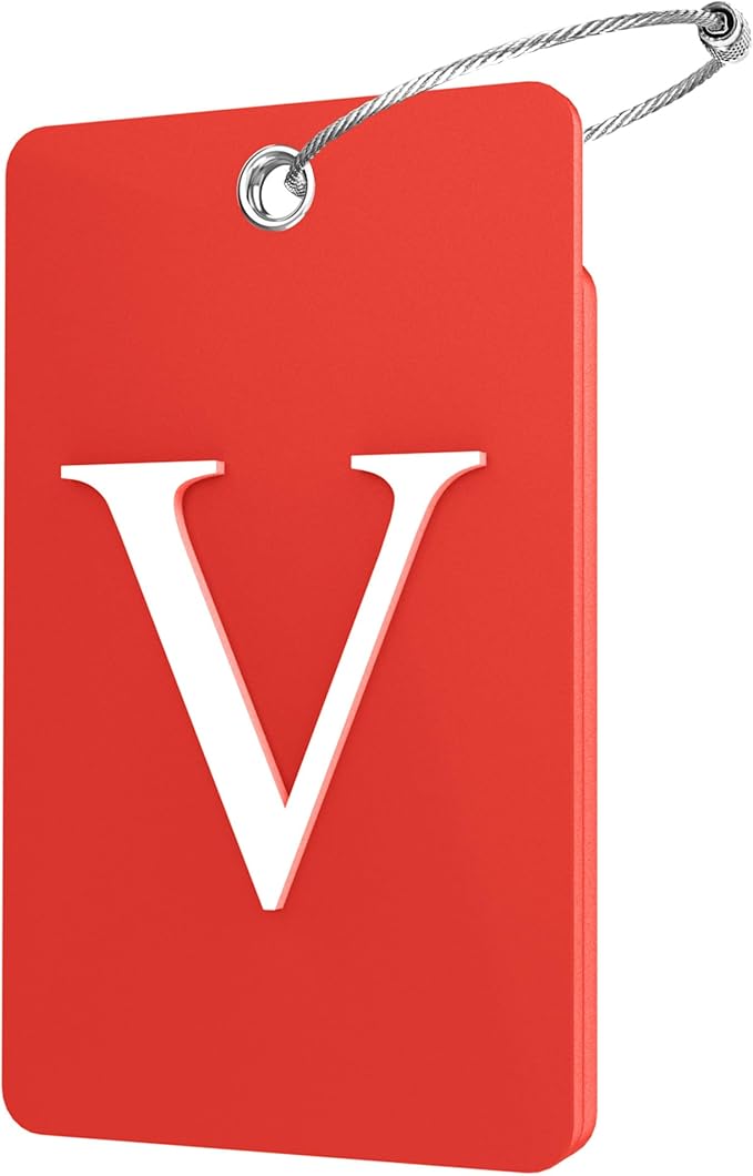 Gostwo 2 Pack Luggage Tags for Suitcases, 26 Initial Letter Travel Luggage Baggage Identification Labels ID Tag Fully Bendable Tags with Stainless Steel Loop (Red) (Letter V)