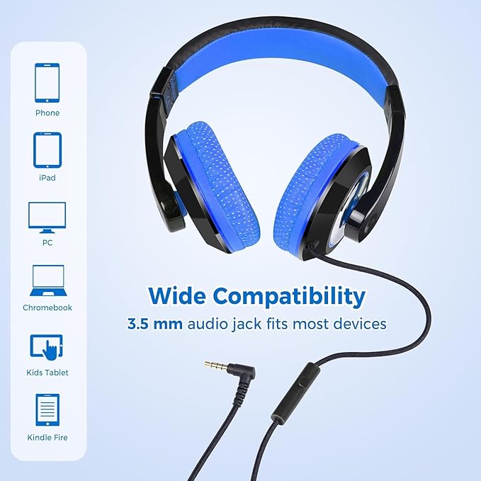 rockpapa Comfort+ Kids Headphones with Microphone, Boys Girls Student Over-Ear Headphones Wired Foldable for School Classroom Laptop PC Computer Tablet Black/Blue+Pink
