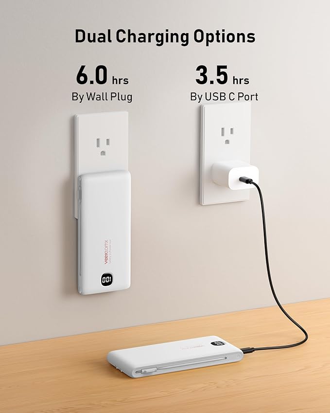 Portable Charger Power Bank Built in Cables and Wall Plug, 10000mAh iPhone Battery Pack Fast Charging, USB C External Slim Power Bank, Travel Essentials Compatible with iPhone 17 16 15 14 iPad, White