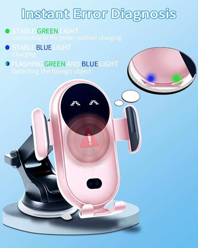 Wireless Car Charger, Auto-Clamping 3-in-1 Phone Mount - 15W/10W/7.5W Fast Charging Car Accessories Compatible with iPhone 16/15/14/13/12/11/Xs/XR, Samsung S23 Ultra/S22/S21/S20/S10+/S9(Pink)