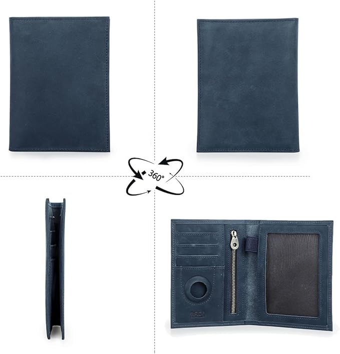 CONTACTS Full Grain Leather Passport Holder RFID Blocking Travel Passport Wallet Compatible with Airtag Passport Cover Case with 4 Cards Slots, Coin Pocket (Blue)