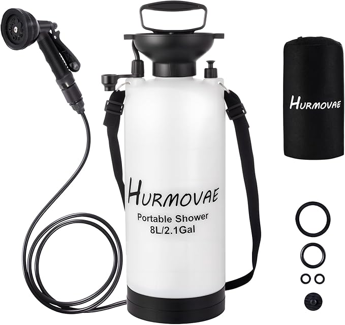 2.1 Gallon (8L) Portable Shower, 10 Spray Modes Pressurized Beach Shower with Nylon Insulated Sleeve, Camping Shower for Travel & Sand Rinse, Surf Shower, Portable Water Sprayer, White
