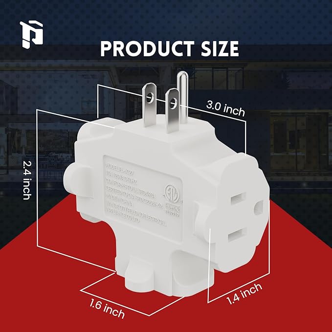 PLUGTUL 3 Way Plug Adapter, 3 Plug Wall Adapter, 3 Prong, Grounded, 15A, 1875W, Multiple Plug Expander for Home, Outdoor, ETL Listed, White, 3PACK
