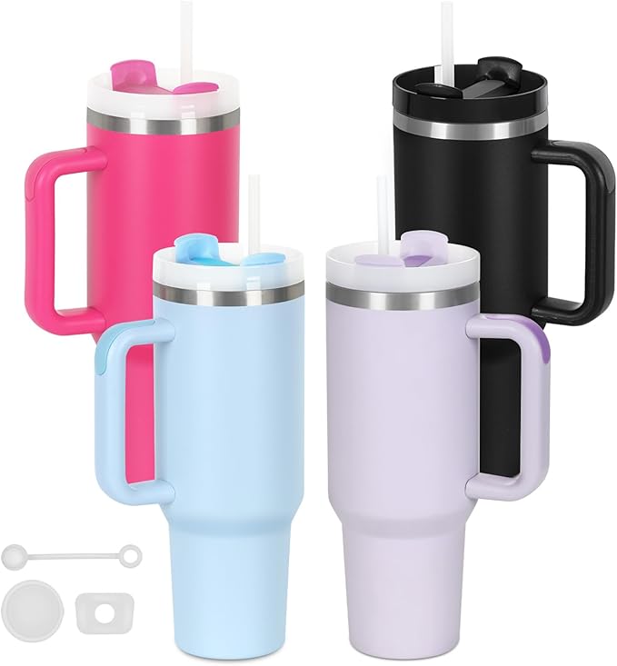4 Pack 40 Oz Tumblers with Handle Bulk, Double Wall Vacuum Insulated Stainless Steel Tumblers with Lid and Straw, 40 oz Cups with Silicone Spill Proof Stopper Set (Black,Sky Blue,Purple,Hot Pink)