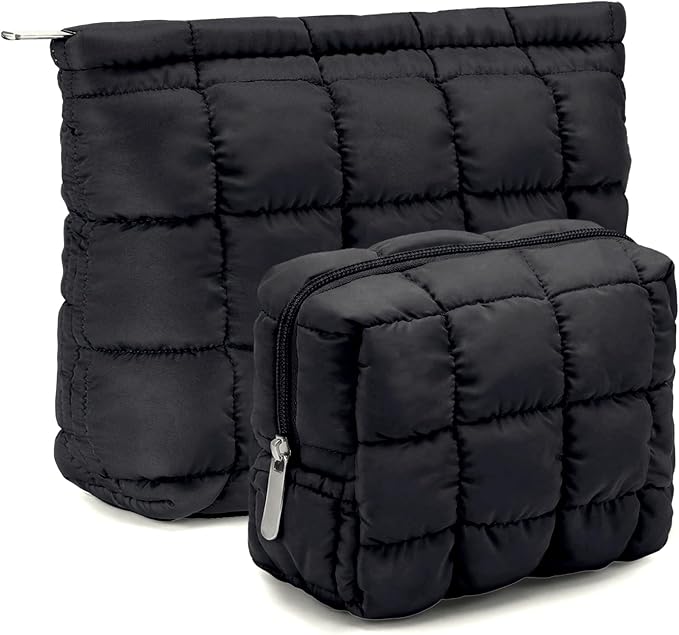 Huhumy 2 Pcs Puffy Makeup Bag Quilted Cosmetic Pouch for Women Cute Checkered Travel Toiletry Bag Puffer Makeup Organizer Purse Pouch Preppy Pencil Case with Zipper(Black)