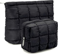 Huhumy 2 Pcs Puffy Makeup Bag Quilted Cosmetic Pouch for Women Cute Checkered Travel Toiletry Bag Puffer Makeup Organizer Purse Pouch Preppy Pencil Case with Zipper(Black)