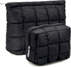 Huhumy 2 Pcs Puffy Makeup Bag Quilted Cosmetic Pouch for Women Cute Checkered Travel Toiletry Bag Puffer Makeup Organizer Purse Pouch Preppy Pencil Case with Zipper(Black)