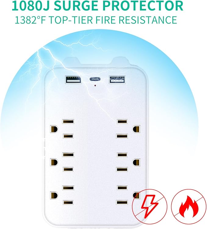 Surge Protector Outlet Extender, 6 AC Outlets & 2 USB-A & 1 USB-C Ports (3A), ETL Listed, Triple-Sided Wide-Spaced, 125V 1875W, Flame Retardant for Home Office Kitchen Travel