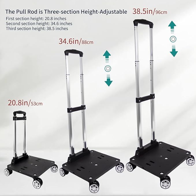 Foldable Black Aluminum Backpack Cart with 5 Swivel Wheels, Large Base, Ideal for Large Backpacks, Pet Carriers, Laptop Bags