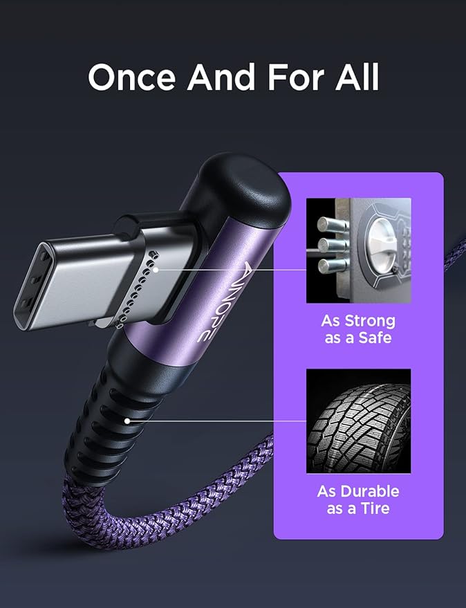 AINOPE USB C Cable 60W 2-Pack 10ft Nylon Braided USB C to USB C Cable Type C Charger Fast Charging Right Angle USBC Cable Charger Cord for iPhone 16 Pro Max 15 Plus Samsung S24 S23 iPad Pro Purple