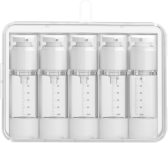 Travel wash bottle, 5-piece vacuum dispensing bottle set with clear storage box, suitable for shampoo, lotion, cosmetics, TSA certified travel container, suitable for vacation and business travel.