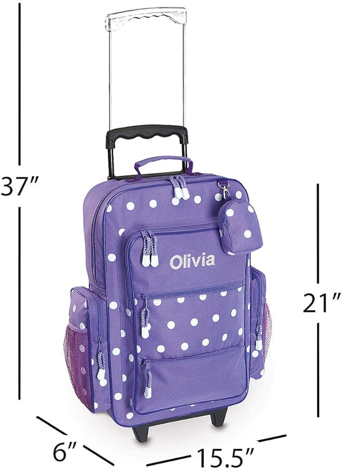 Lillian Vernon Personalized Rolling Luggage for Kids, 5-Pocket Purple Polka Dot Design Suitcase Set With Clip-On Pouch, Customizable Girls Travel Carrier on Wheels, 6" W x 15.5" L x 21" H