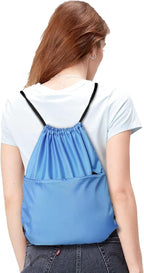 Drawstring Backpack Sports Water Resistant String Bag Sport Gym Sackpack for Women Men Large with Zipper, Baby Blue