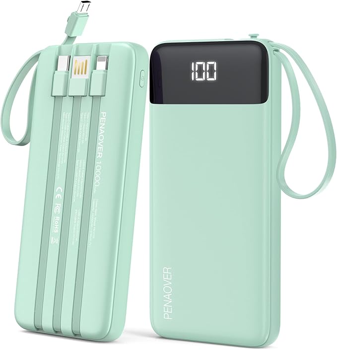 Portable Charger Built-in Cables,10000mAh Power Bank for iPhone,Fast Charge USB C Battery Pack Travel Essentials Slim Lightweight Powerbank Compatible with iPhone 17/16/15/14, Samsung, Android, etc