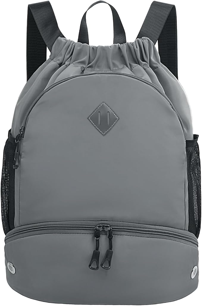 RHDZO Drawstring Backpack Gym Backpack with Shoe Compartment for Men Women String Sports Bag with Wet Pocket Cinch Swim Beach Bag, Large Gray