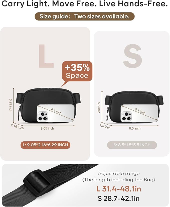 Pritent Fanny Packs for Women Cross Body Bag Waterproof Belt Bag with Adjustable Strap and Zipper Back Pocket Small Crossbody Bags Fashion Waist Packs for Workout Travelling(Black, Large)