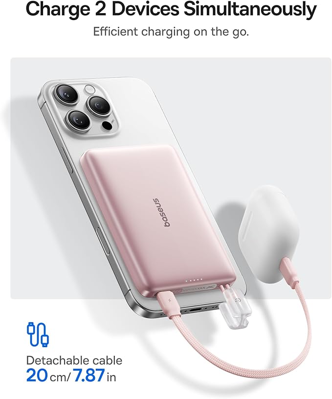 Baseus Picogo Qi2 15W Magsafe Portable Charger, 0.5" Ultra Slim 10000mAh Wireless Power Bank with 27W Built-in USB-C Cable, Magnetic Battery Pack for iPhone 17 Pro Max/17 Pro/Air/16/15/14/13/12