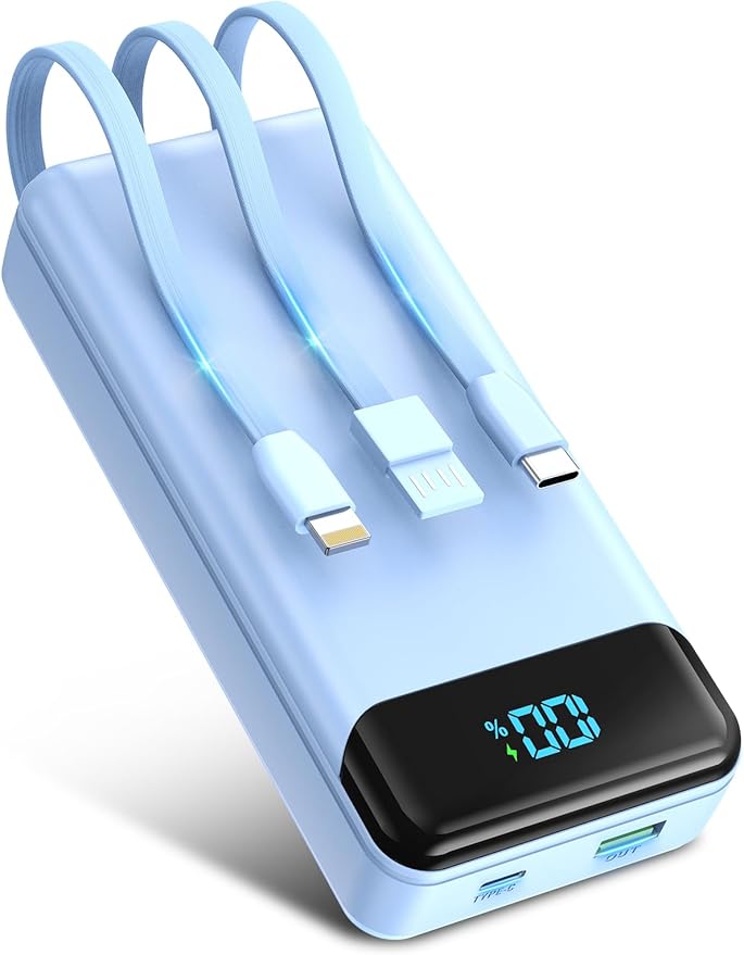 Portable Charger 40000mAh Power Bank - PD 22.5W Fast Charging Battery Pack, Built-in Cable Phone Charger 4 Output 3 Input, Compatible with iPhone 16 15 14 13 Android Samsung(Blue)