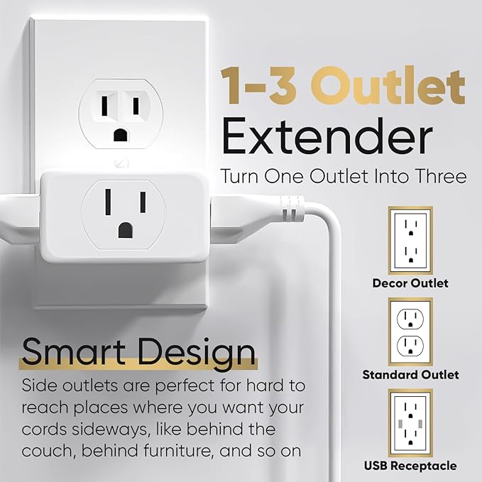 Unidapt Multi Plug Outlet Extender 4 Pack - 3 Way Wall Outlet Splitter, Cruise Ship Essentials Power Plug Adapter, Compact Travel Wall Tap Expander, Flat Angled Design, Home, Office, Dorm - White