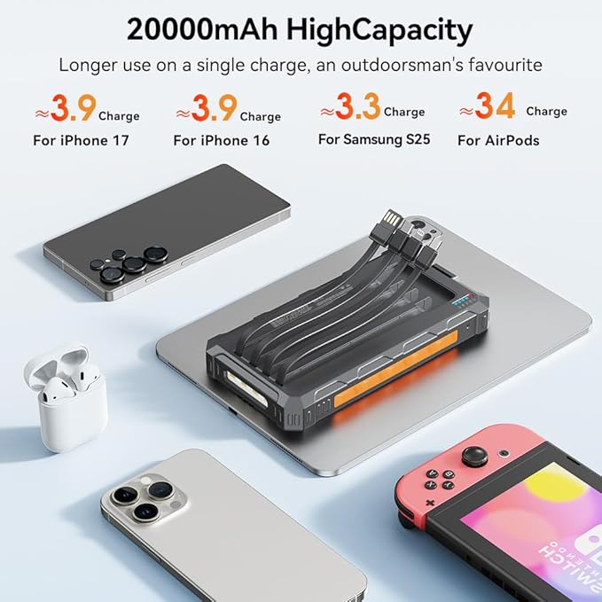Solar-Charger-Power-Bank - 20000mah Solar Powered Battery Charger Cell Phone,20W Fast Charging Built in Cables,Camping Essentials Portable External Battery Pack Compatible with Multiple Devices