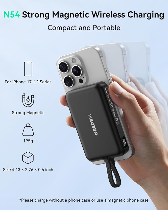 GREPRO Magnetic Portable Charger, 10000mAh for Magsafe Power Bank with a 22.5W USB-C Cable, USB-C Input & Output, LED Display for iPhone 17/17 Air/17 Pro/17 Pro Max/16/15/14/13/12 Series and AirPods