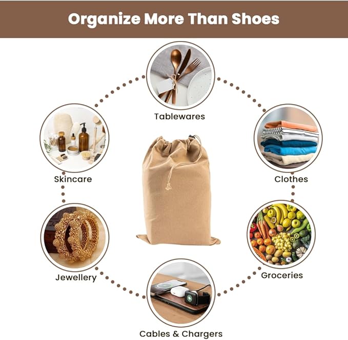 LFH Cotton Rich Shoe Storage Bags with Drawstring, Dustproof Breathable Reusable Organizer, Perfect For Travel, Dorm, Hotel, College, Gym, Easy to Carry, Machine Washable 8"x17" (Pack of 4) - Beige