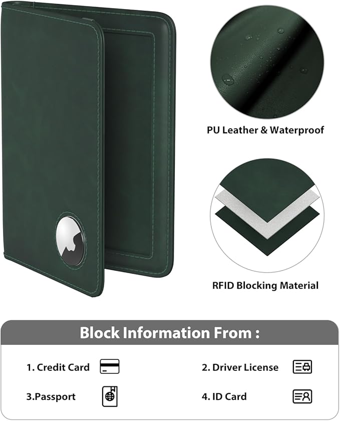 Stouchi Airtag Passport Holder – Track Your Passport, RFID Blocking Travel Wallet for Men, Slim All-in-One Organizer for Secure International Travel (Green)