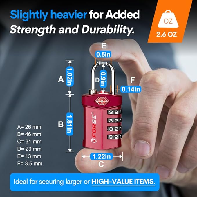 Forge Travel Lock,TSA Approved Luggage Locks for Air Travel, Gym Lockers, School Lockers, Pelican Cases, Gun Case, Easy Read Dials, Durable Alloy Body