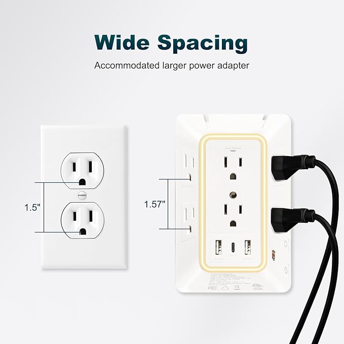 Outlet Extender with Night Light, Surge Protector Wall Mount with 6 AC Outlets and 3 USB Ports (1 USB C), Multi Plug Outlet Splitter, Dorm Room Essentials for Home, Office, Travel, FCC Listed