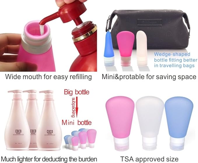3 Pack Portable Food Grade Squeeze Silicone Liquid Travel Bottles For Shampoo, Conditioner, Lotion, Toiletries, condiments(2 OZ Pink + White + Blue)